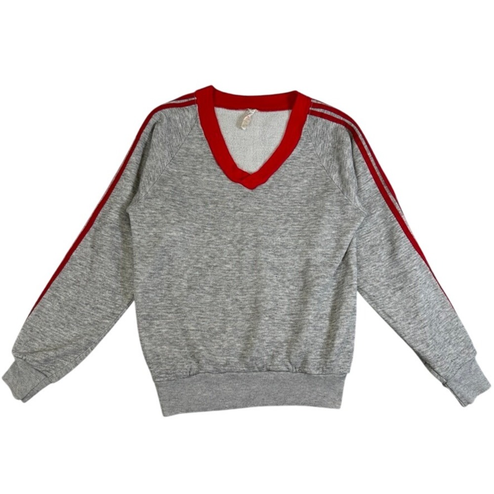Vintage Sportswear V-Neck Sweatshirt Gray Red Stripe Raglan Small 11703